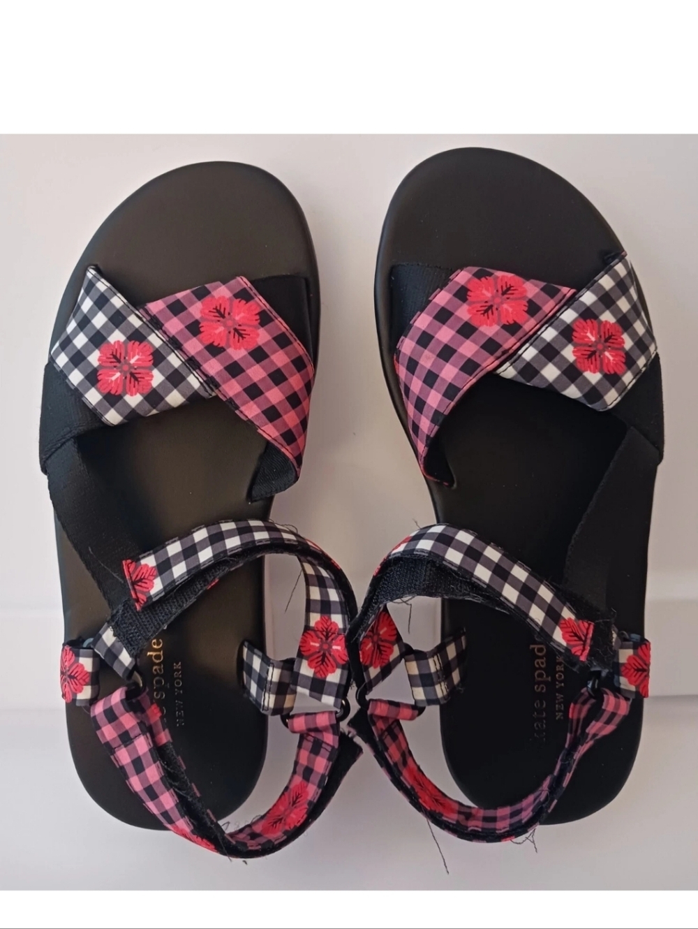 kate spade Black Sandals with Pink and Red Gingham Floral Straps